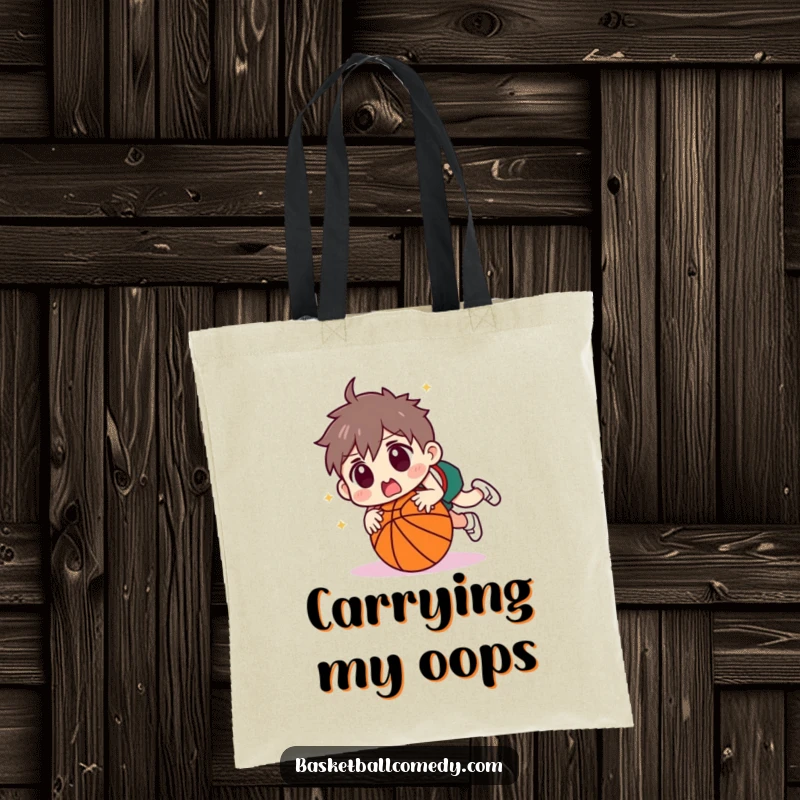 Funny character tripping over a basketball with a surprised face on a durable tote bag. Excellent for carrying treasures and humor.