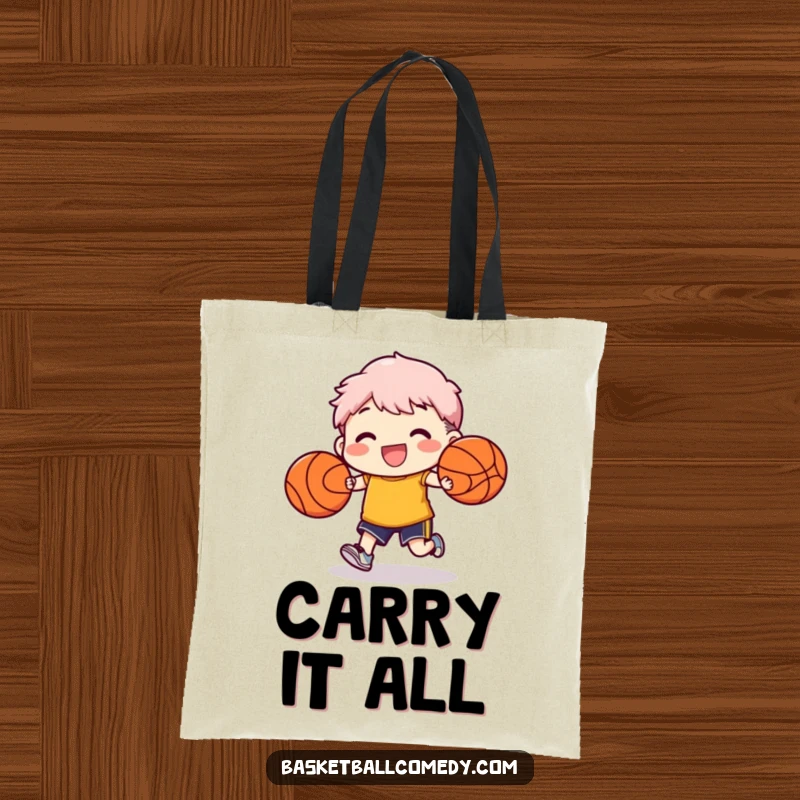 Funny tote bag illustrating a character's joy in dribbling two basketballs at once, perfect for carrying essentials.