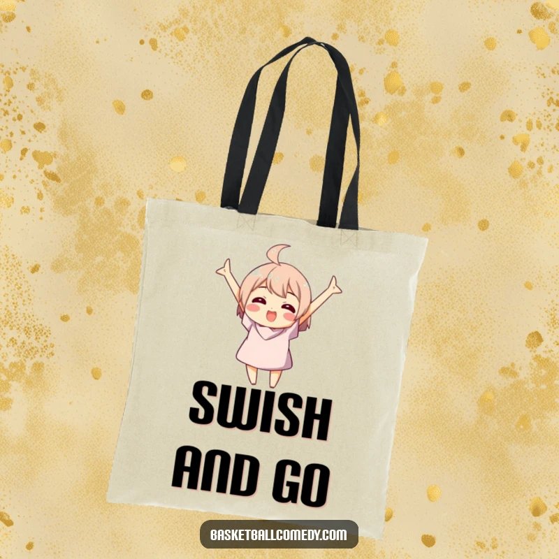 Funny tote bag featuring a character celebrating a basketball swish with arms raised, symbolizing a stylish win.